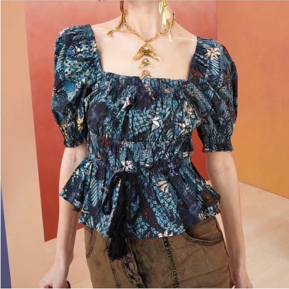 Ulla Johnson Puff Sleeve Peplum Evita Floral Top - Rainforest Print